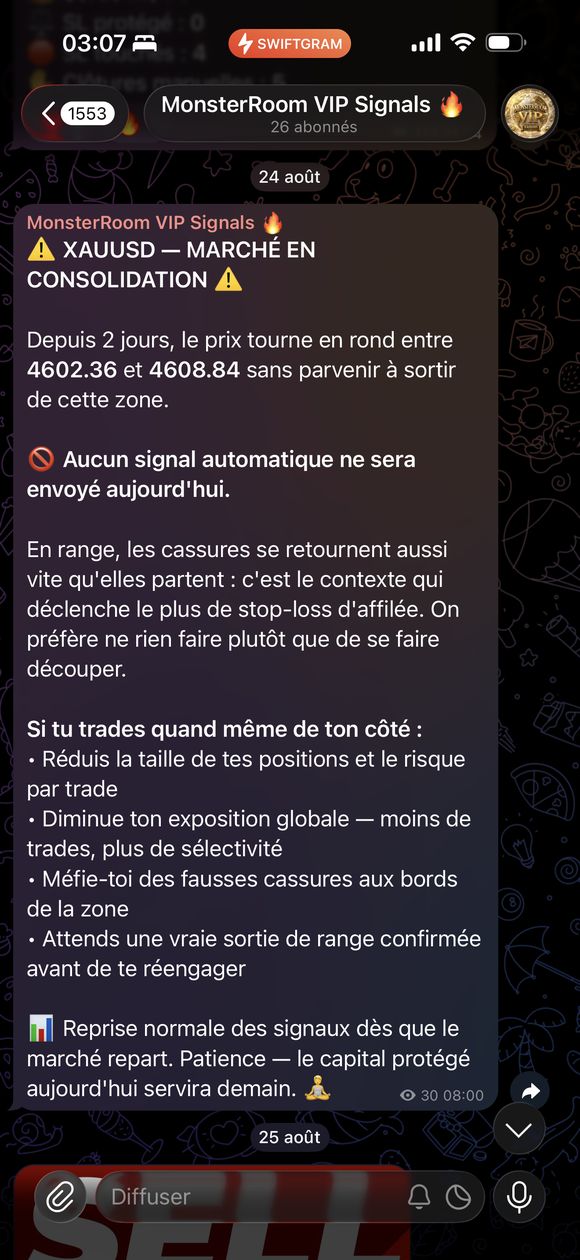 Message du canal Telegram MonsterRoom VIP : aucun signal en marché de consolidation