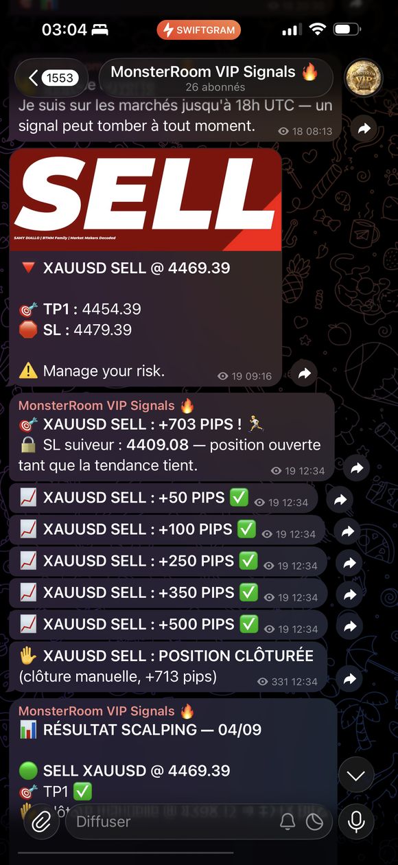 Signal SELL XAUUSD clôturé manuellement à +713 pips